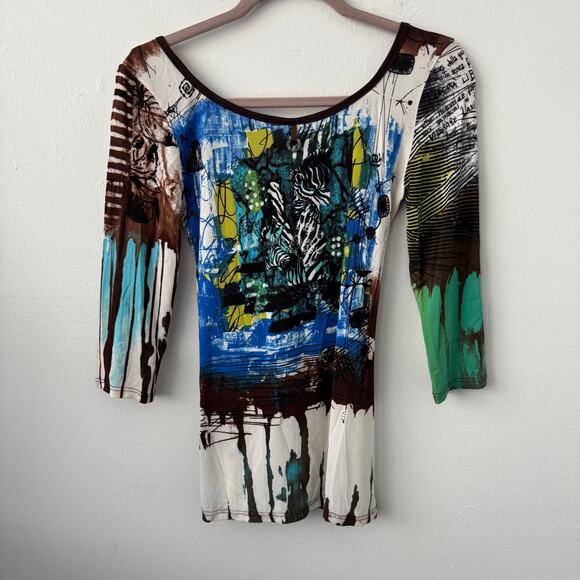 Save The Queen Y2K 3/4 Sleeve Multicolor Abstract Top - Picture 4 of 9